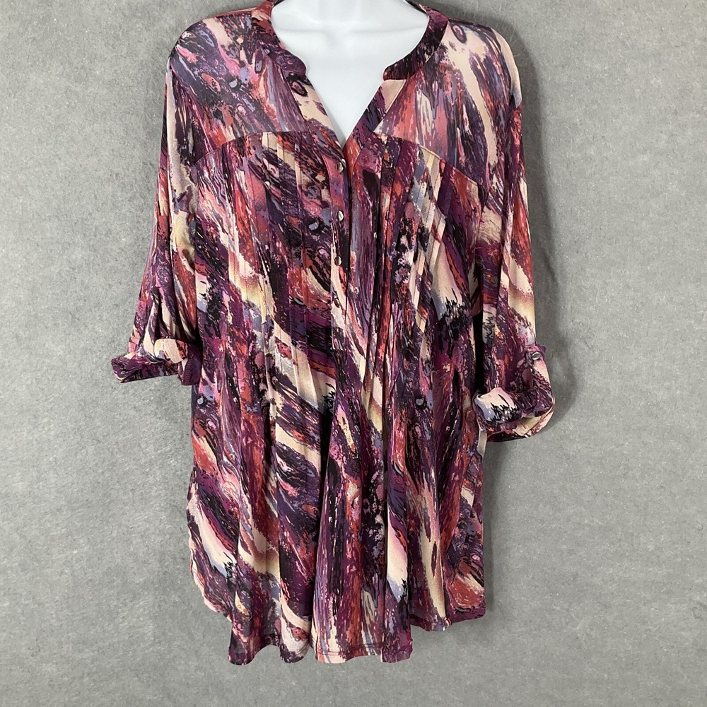 Cocomo Top Womens Sz 1X Mesh Breathable Pleated Lined 3/4 Sleeve Casual Bold